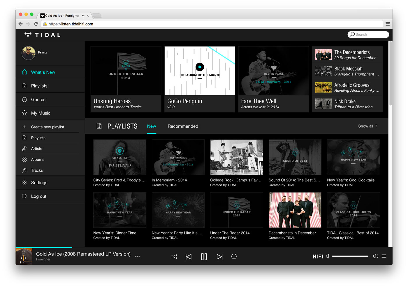 Screenshot of Tidal running in Chrome
